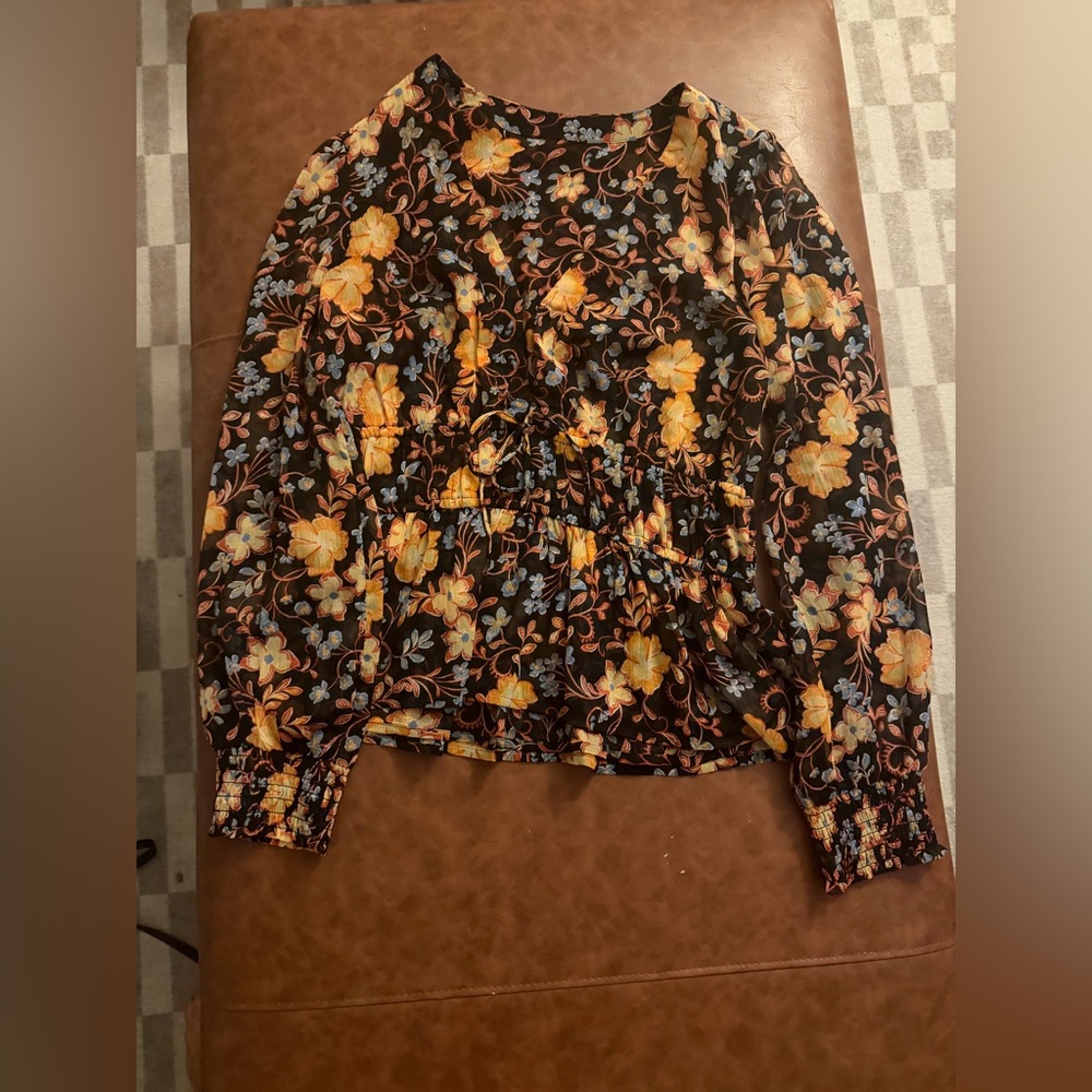 Floral Long Sleeve Top - Black and Orange
